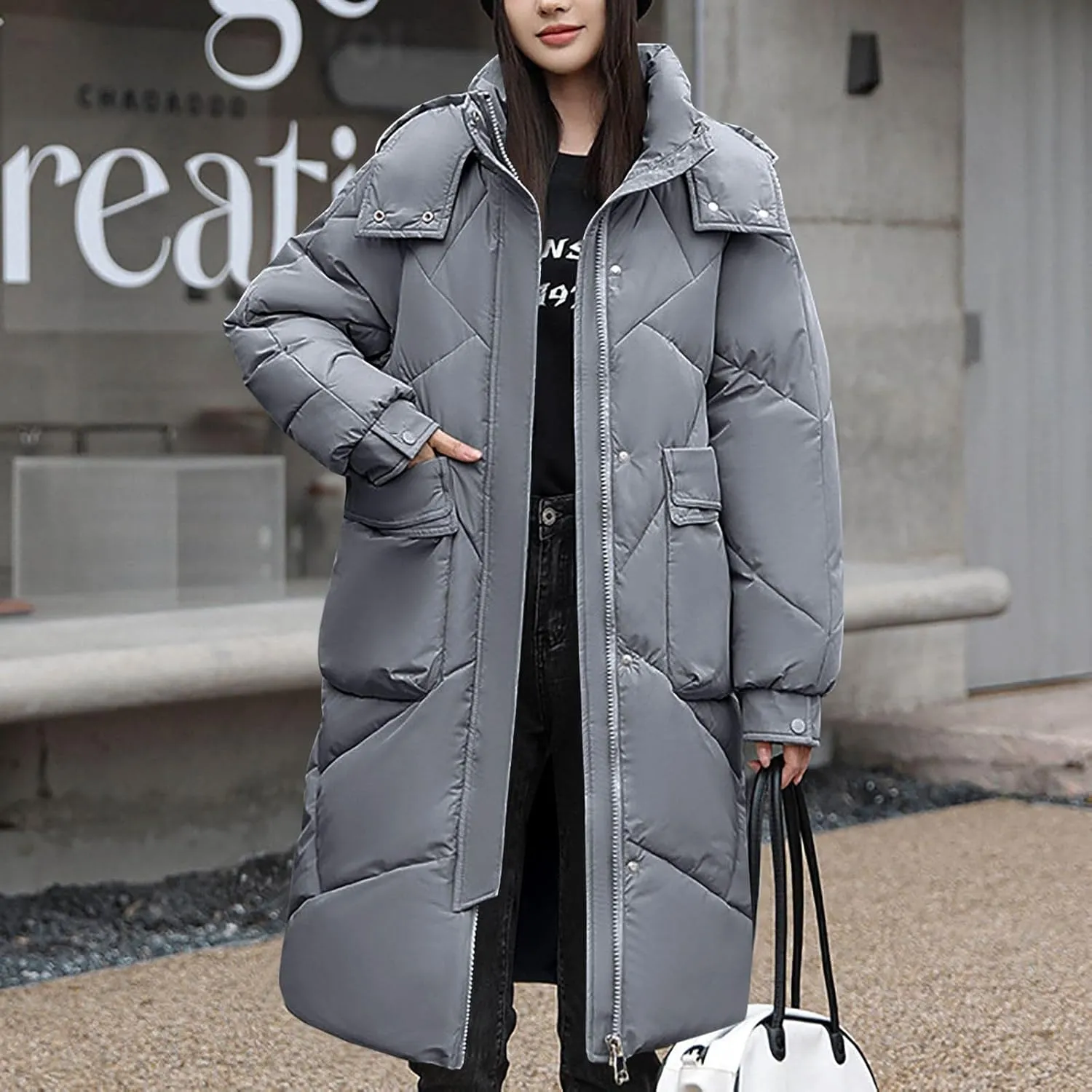 NATHGAM Long Quilted Parka Coat for Women Baggy Thickened Warm Maxi Hooded Puffer Jacket Winter Plus Size Padded Down Coats