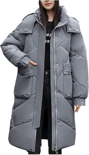 NATHGAM Long Quilted Parka Coat for Women Baggy Thickened Warm Maxi Hooded Puffer Jacket Winter Plus Size Padded Down Coats