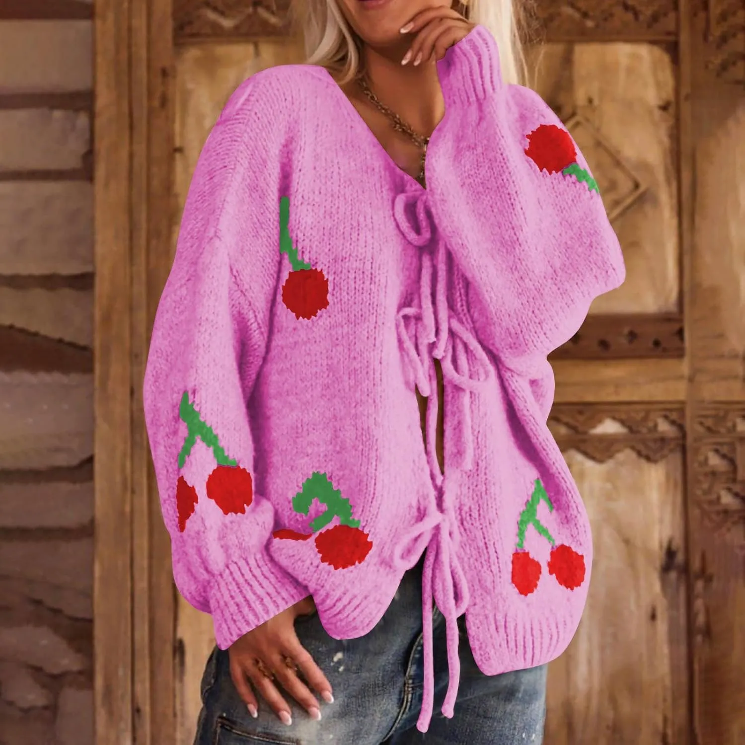 NATHGAM Women Bow Tie Front Cardigan Sweater Cute Cherry Print Chunky Knitted Sweater Long Sleeve Holiday Open Front Knitwear