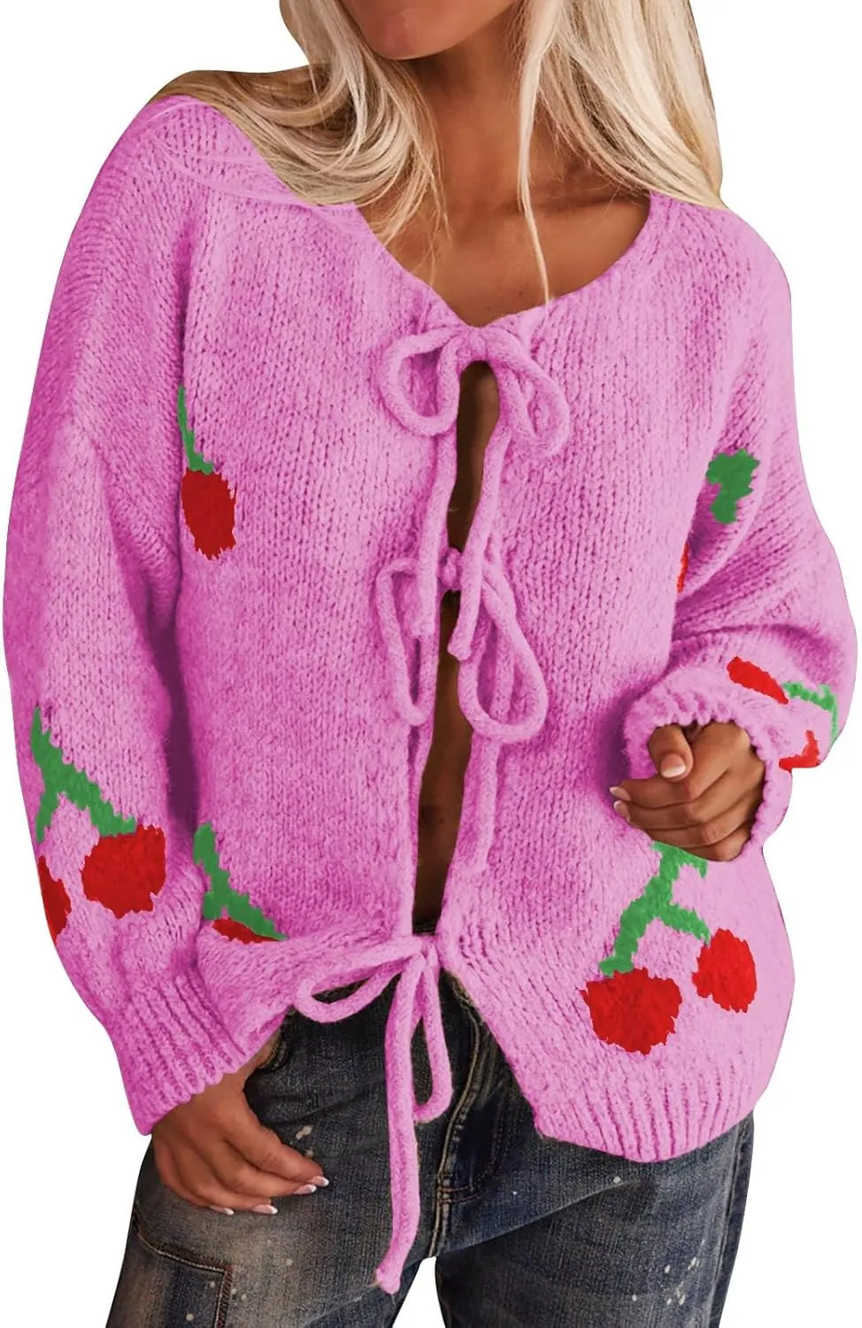 NATHGAM Women Bow Tie Front Cardigan Sweater Cute Cherry Print Chunky Knitted Sweater Long Sleeve Holiday Open Front Knitwear