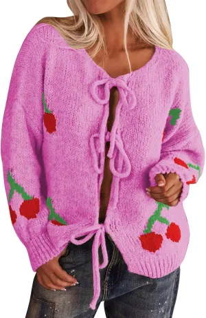NATHGAM Women Bow Tie Front Cardigan Sweater Cute Cherry Print Chunky Knitted Sweater Long Sleeve Holiday Open Front Knitwear