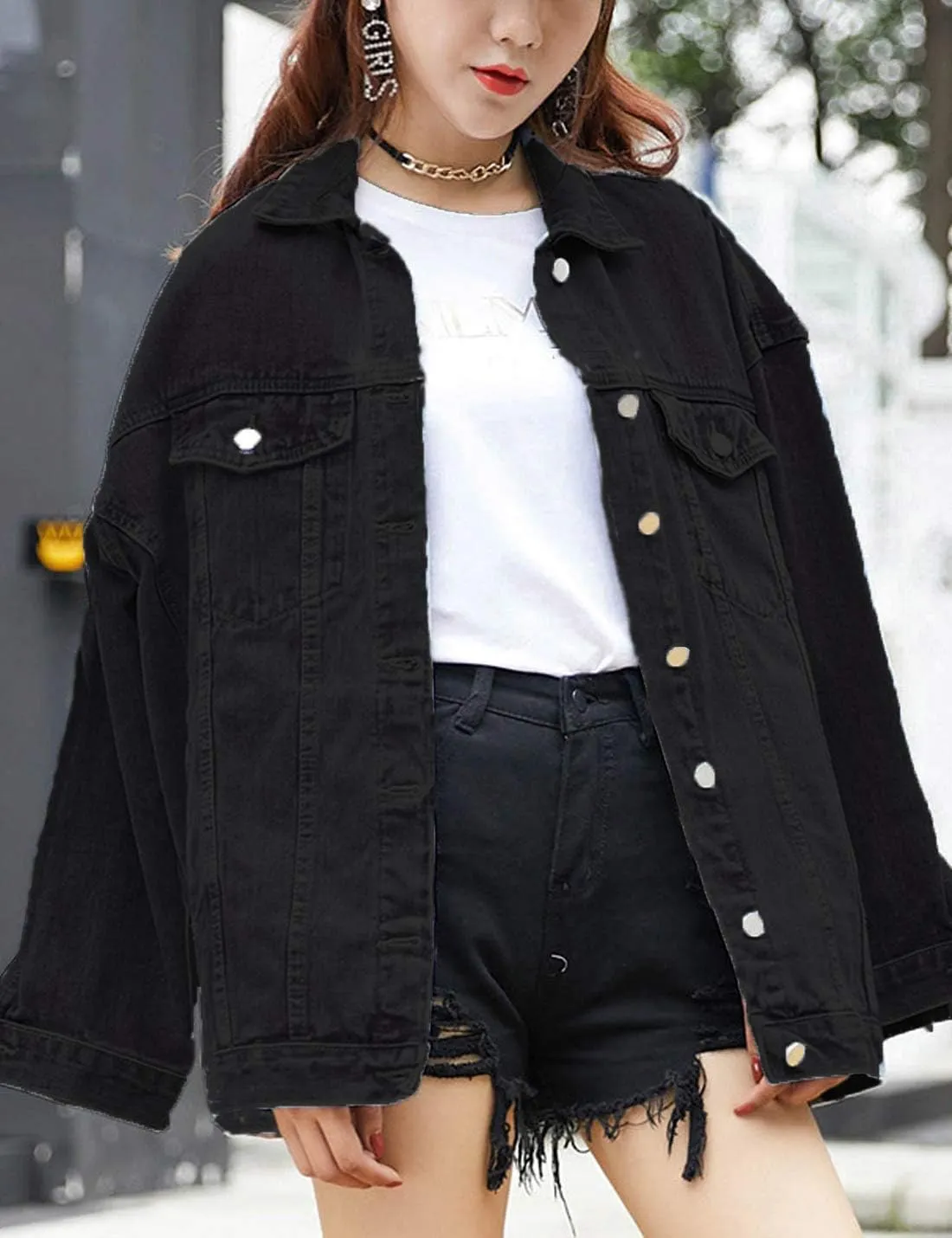 Omoone Women's Oversized Mid Long Denim Jacket Jean Biker Coat