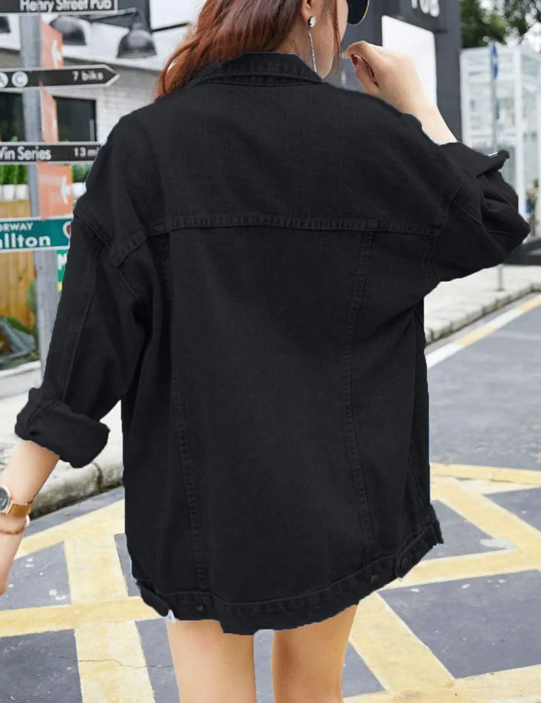 Omoone Women's Oversized Mid Long Denim Jacket Jean Biker Coat