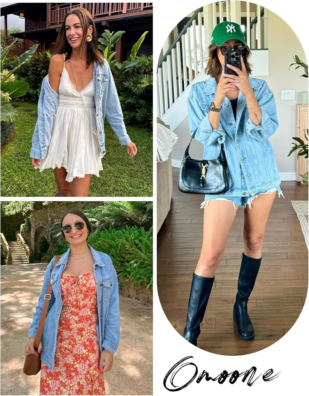 Omoone Women's Oversized Mid Long Denim Jacket Jean Biker Coat