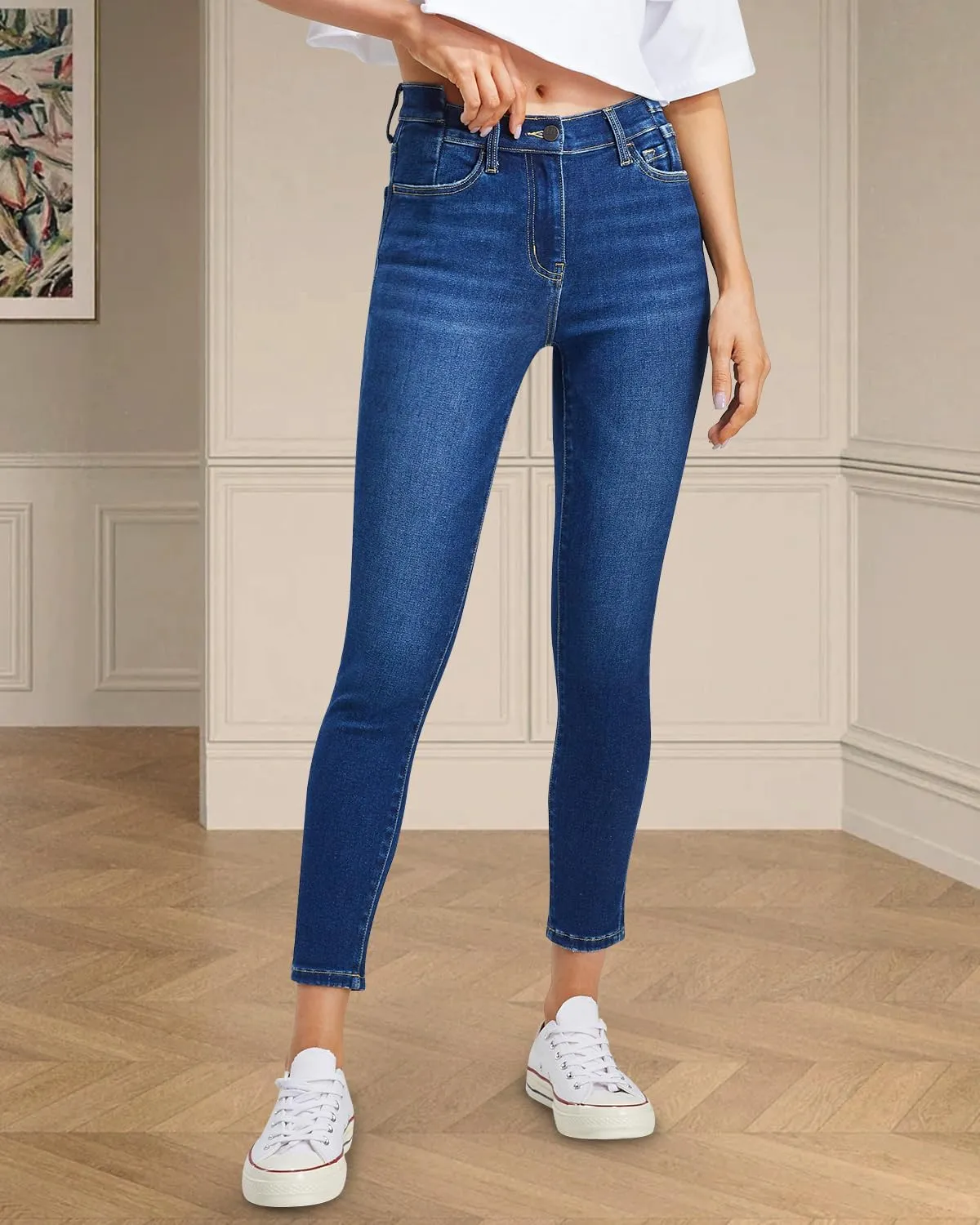 ONESO Women's High Waisted Skinny Jeans Stretchy Slim Fit Raw Hem Soft Juniors Jeans for Women with Pockets Comfy Denim Pants