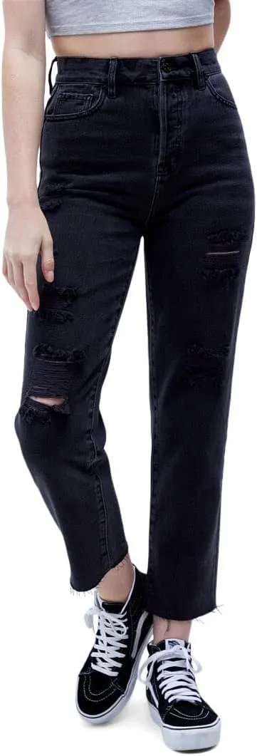 PacSun Women's Black High Waisted Straight Leg Jeans - Worn Look Ripped Denim, Black Wash