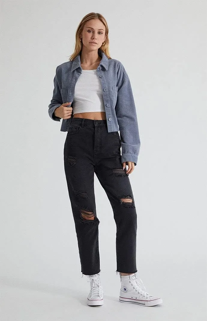PacSun Women's Black High Waisted Straight Leg Jeans - Worn Look Ripped Denim, Black Wash
