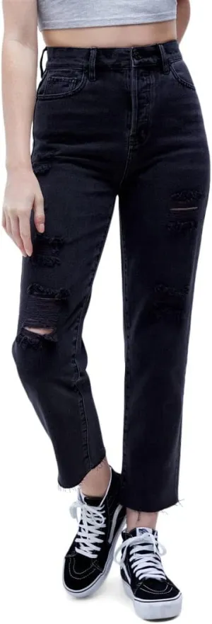 PacSun Women's Black High Waisted Straight Leg Jeans - Worn Look Ripped Denim, Black Wash