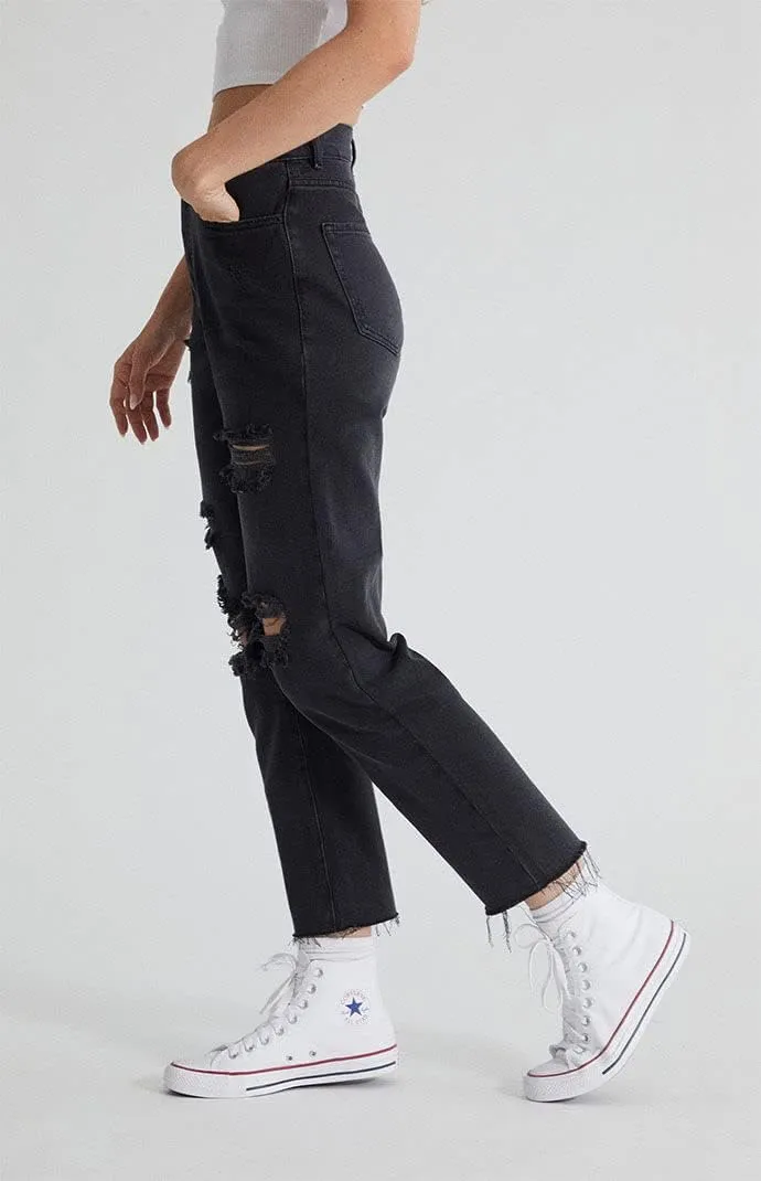 PacSun Women's Black High Waisted Straight Leg Jeans - Worn Look Ripped Denim, Black Wash