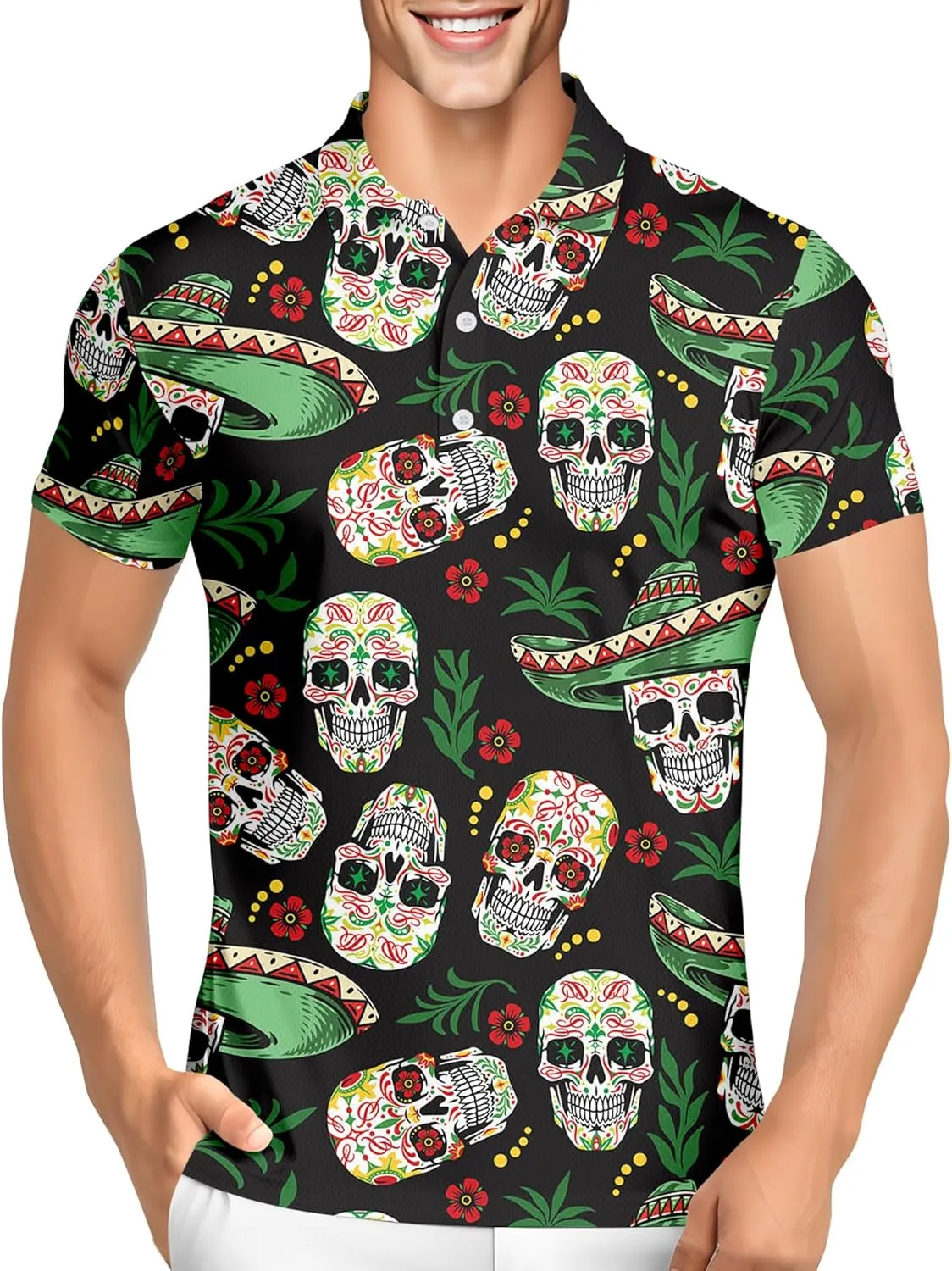 PAGYMO Golf Shirts for Men Crazy Hawaiian Print Funny Mens Polo Shirt