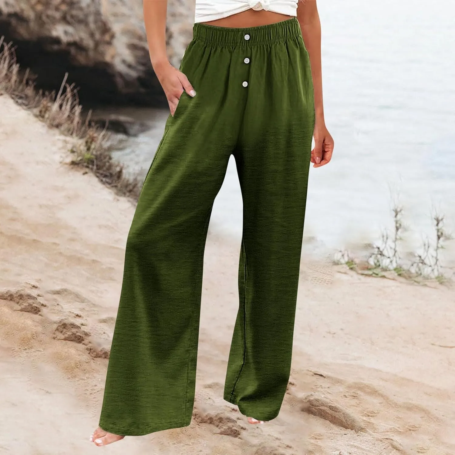 Pants for Women, Wide Leg Straight High Waisted Linen Pants Summer Casual