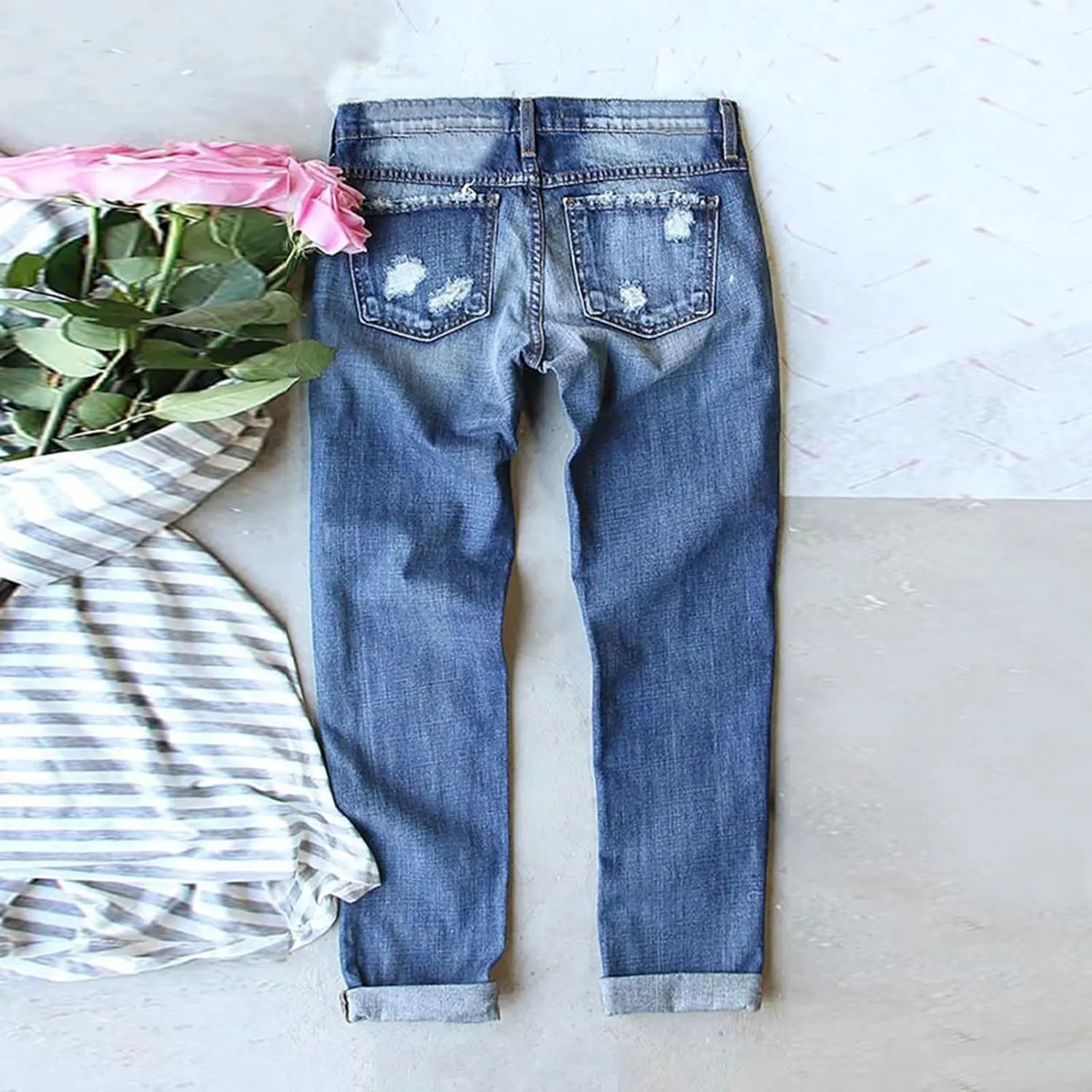 Plaid Patchwork Boyfriend Distressed Jeans for Women High Waisted Ripped Hole Stretch Skinny Denim Pant with Pockets