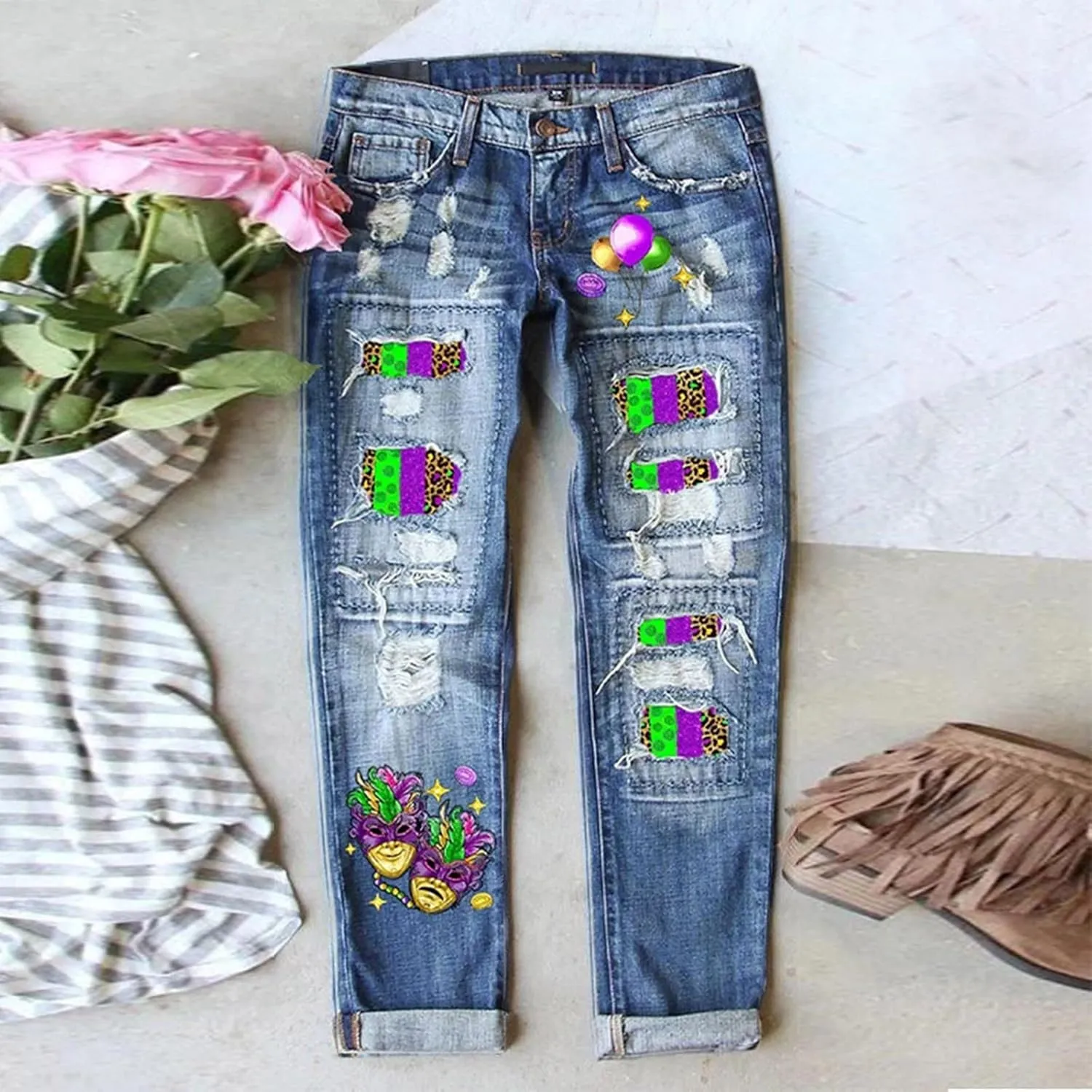 Plaid Patchwork Boyfriend Distressed Jeans for Women High Waisted Ripped Hole Stretch Skinny Denim Pant with Pockets
