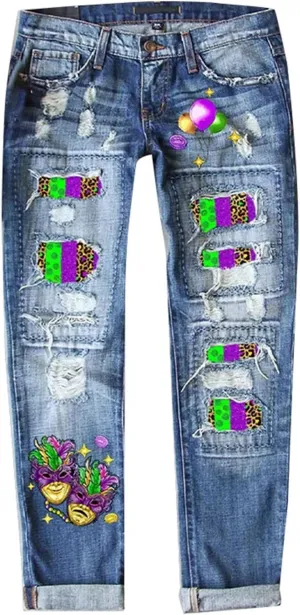 Plaid Patchwork Boyfriend Distressed Jeans for Women High Waisted Ripped Hole Stretch Skinny Denim Pant with Pockets