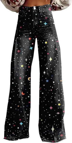 Plus Size Jeans for Curvy WomenWomen's Flare Wide Leg Jeans 2025 High Waisted Denim Vintage Floral Printed Pants Casual Colorful Straight Trouser