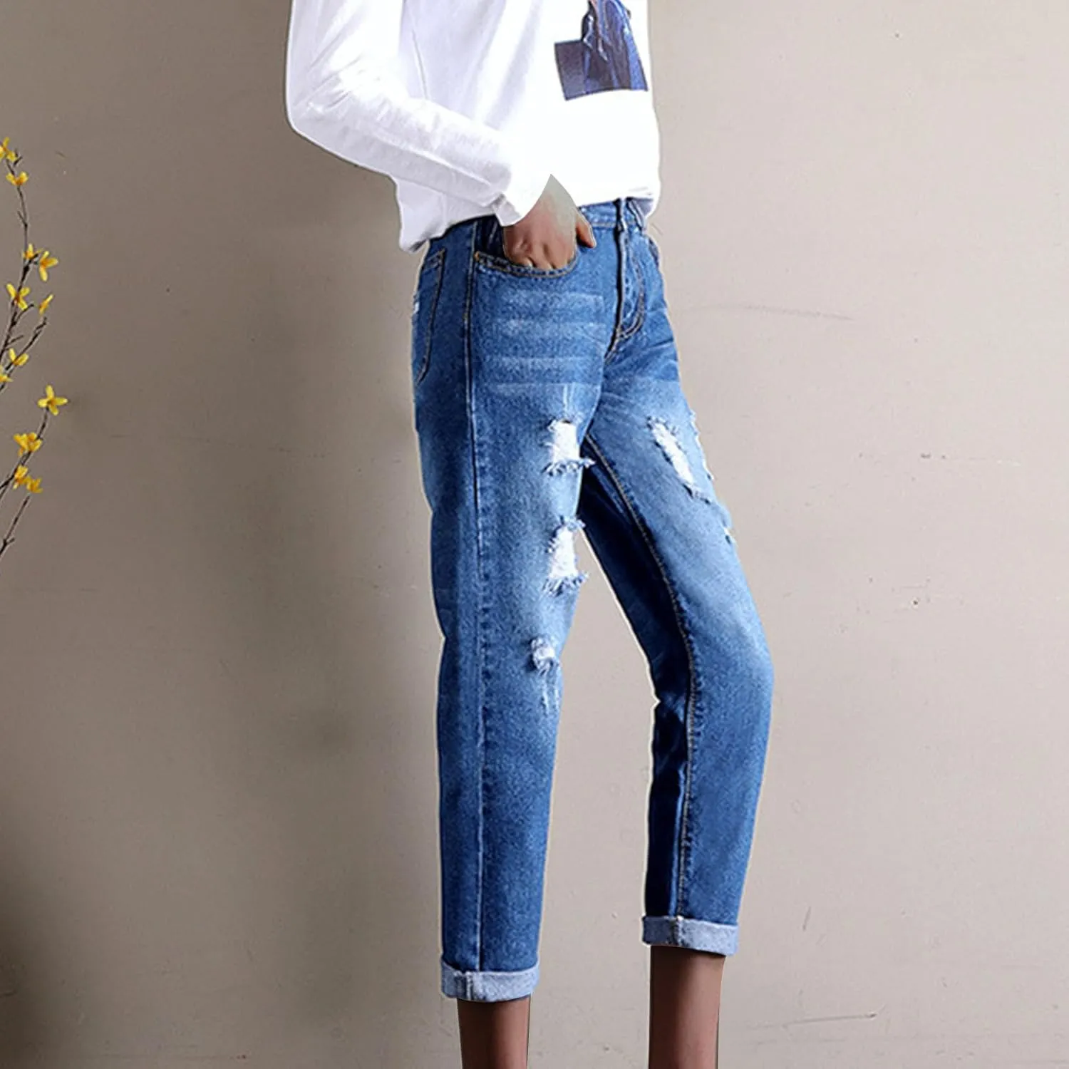 Plus Size Ripped Jeans for Women High Waisted Skinny Denim Pants Ripped & Distressed Slim Straight Leg Flared Jeans