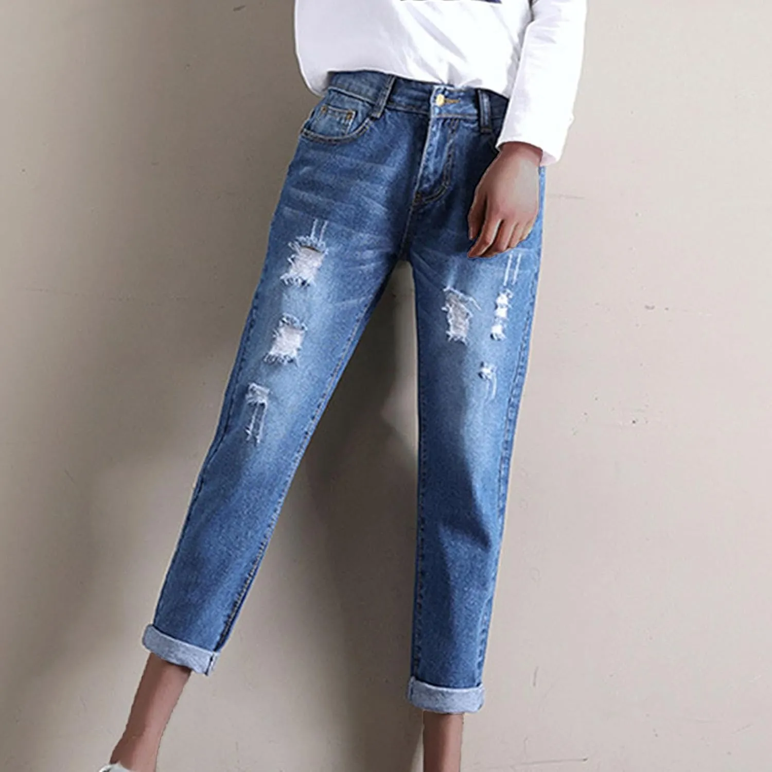 Plus Size Ripped Jeans for Women High Waisted Skinny Denim Pants Ripped & Distressed Slim Straight Leg Flared Jeans