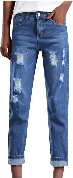 Plus Size Ripped Jeans for Women High Waisted Skinny Denim Pants Ripped & Distressed Slim Straight Leg Flared Jeans