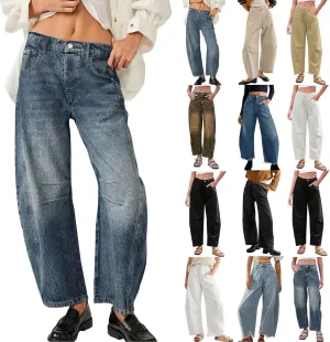 Plus Size Women's Barrel Jeans High Waisted Casual Straight Leg Stretchy Trendy Wide Leg Denim Pant Long Trouser 2025