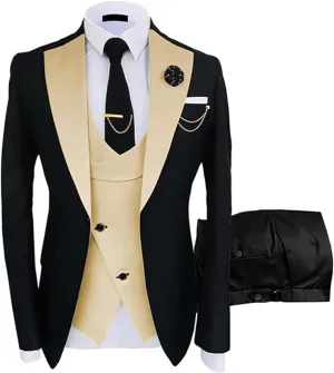 Prom Slim Men's Suits - Shawl Lapel One Button Blazer Vest Pant Set 3 Piece Men Suits Slim Fit Champagne and Black
