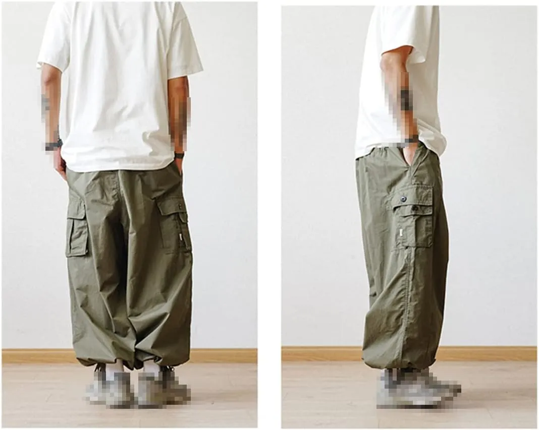 Pulcykp Multi-Pocket Cargo Pants Men's Casual Solid Colour Straight Pants Baggy Wide-Leg Cropped Pants