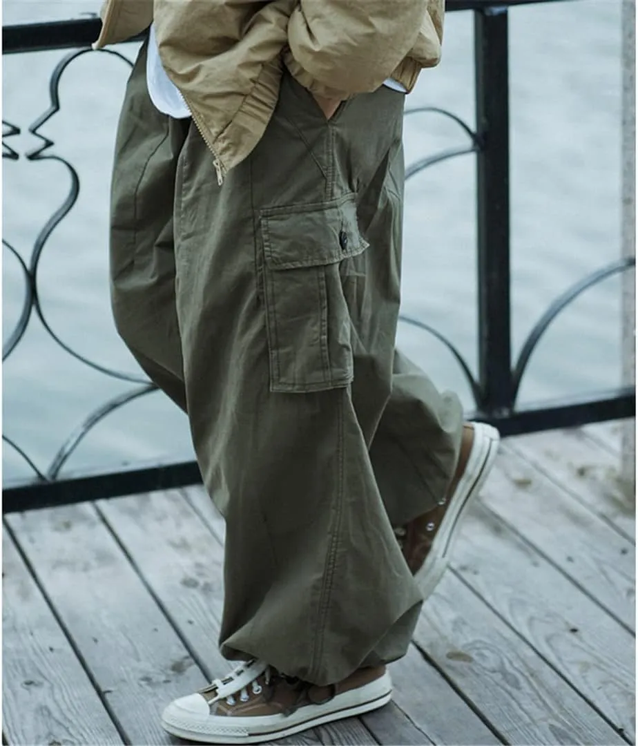 Pulcykp Multi-Pocket Cargo Pants Men's Casual Solid Colour Straight Pants Baggy Wide-Leg Cropped Pants