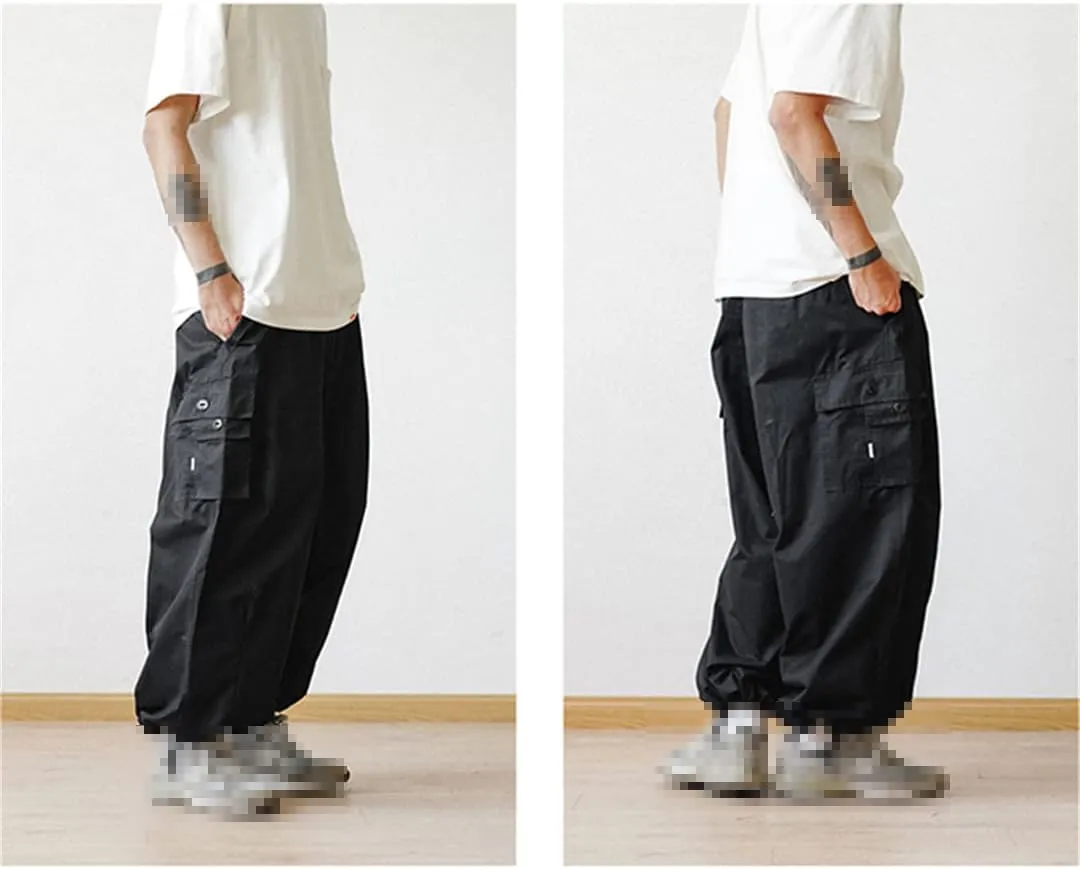 Pulcykp Multi-Pocket Cargo Pants Men's Casual Solid Colour Straight Pants Baggy Wide-Leg Cropped Pants