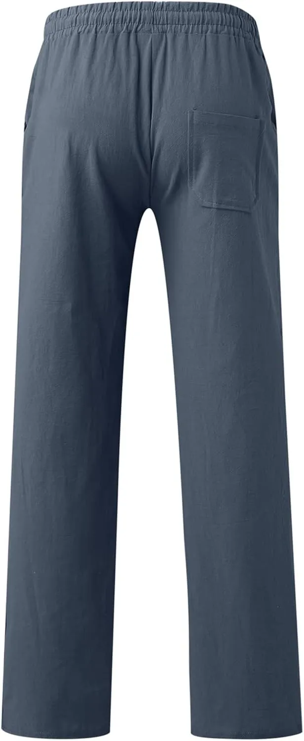QWENTMTNTY Mens Casual Linen Pants Loose Fit Straight Leg Elastic Waist Trousers Lightweight Comfort Beach Yoga Summer Pants