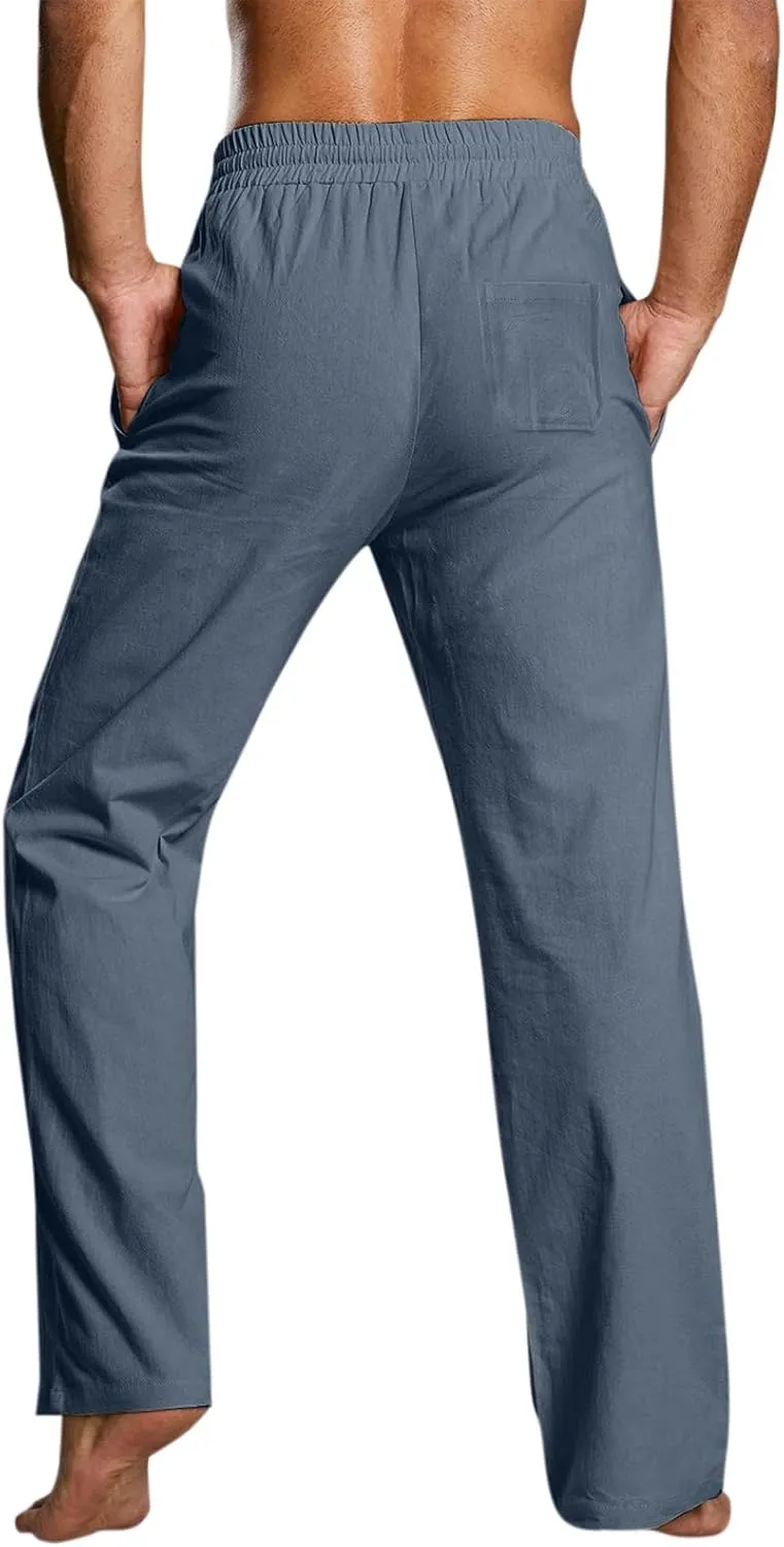 QWENTMTNTY Mens Casual Linen Pants Loose Fit Straight Leg Elastic Waist Trousers Lightweight Comfort Beach Yoga Summer Pants