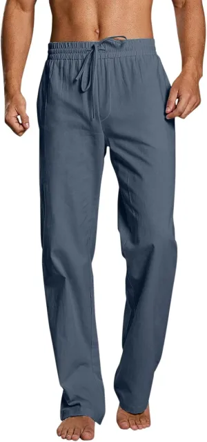 QWENTMTNTY Mens Casual Linen Pants Loose Fit Straight Leg Elastic Waist Trousers Lightweight Comfort Beach Yoga Summer Pants