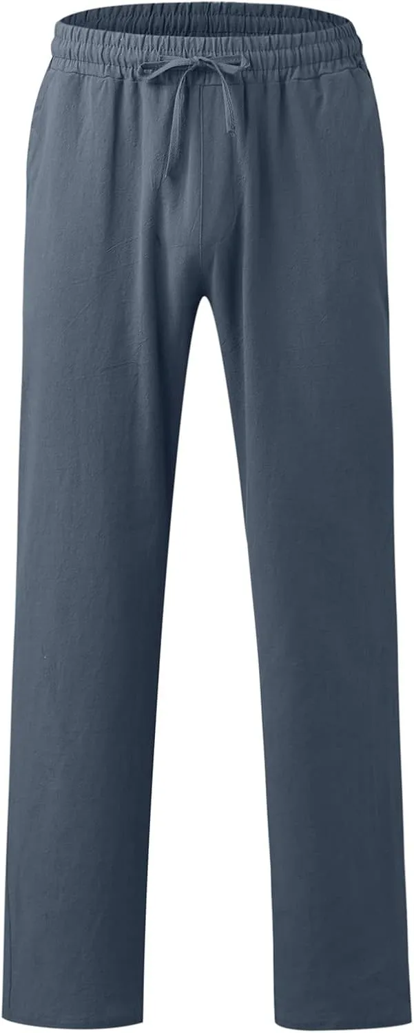 QWENTMTNTY Mens Casual Linen Pants Loose Fit Straight Leg Elastic Waist Trousers Lightweight Comfort Beach Yoga Summer Pants