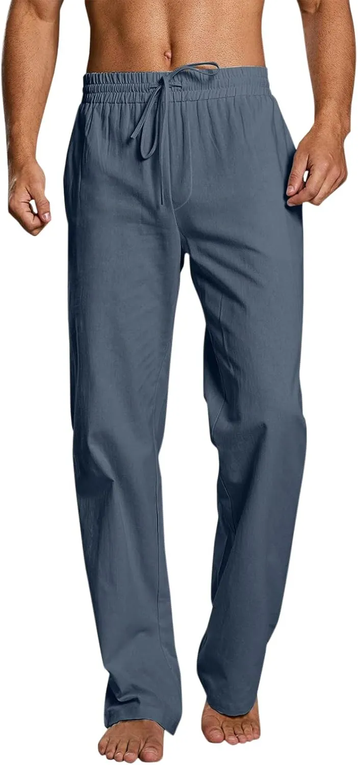 QWENTMTNTY Mens Casual Linen Pants Loose Fit Straight Leg Elastic Waist Trousers Lightweight Comfort Beach Yoga Summer Pants