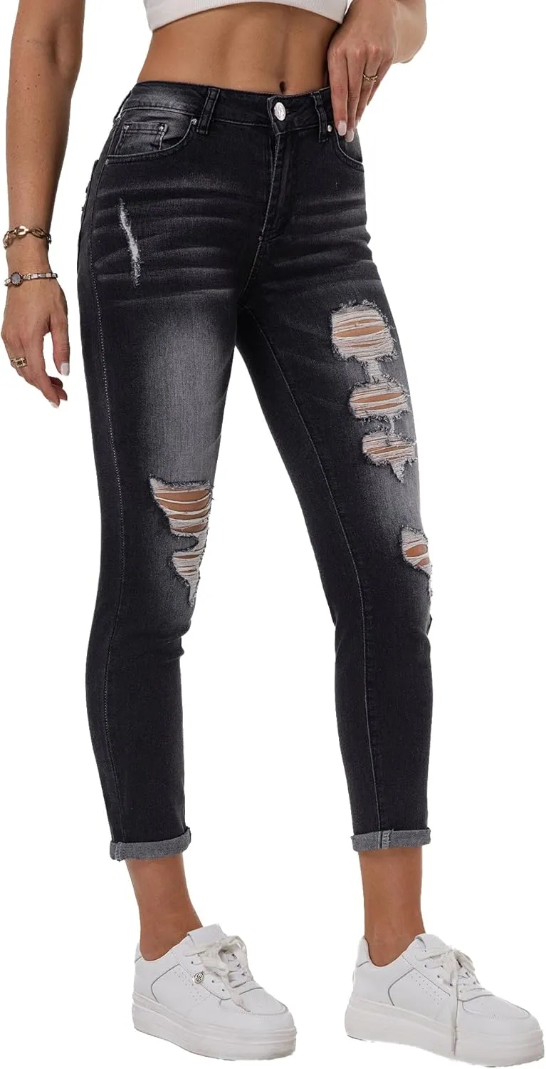 RHODANTHE Women's Ripped Boyfriend Jeans Stretch Skinny Jean Trendy Distressed Straight Leg Jeans with Holes