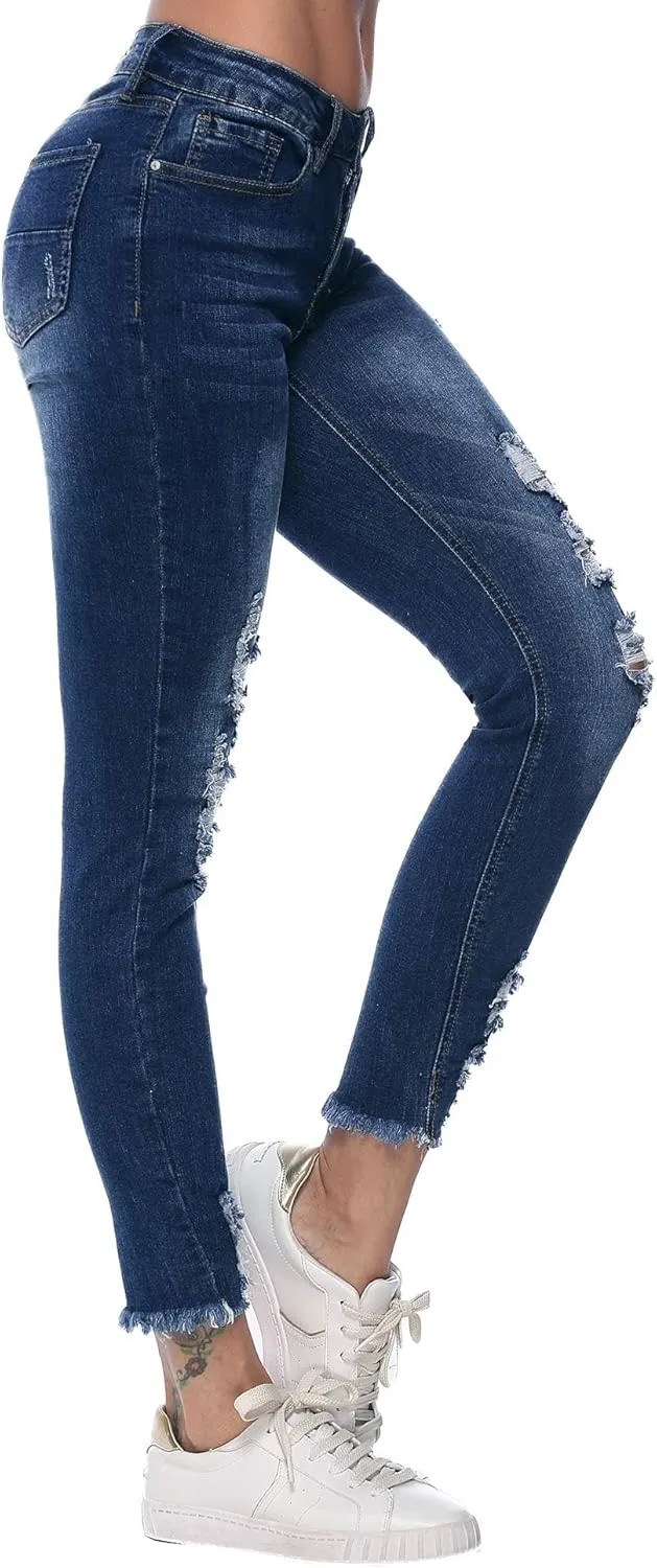 RHODANTHE Women's Ripped Boyfriend Jeans Stretch Skinny Jean Trendy Distressed Straight Leg Jeans with Holes