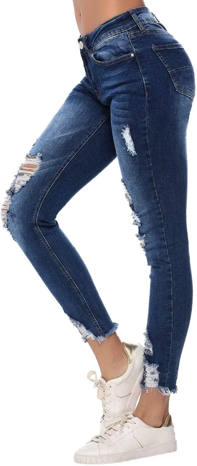 RHODANTHE Women's Ripped Boyfriend Jeans Stretch Skinny Jean Trendy Distressed Straight Leg Jeans with Holes