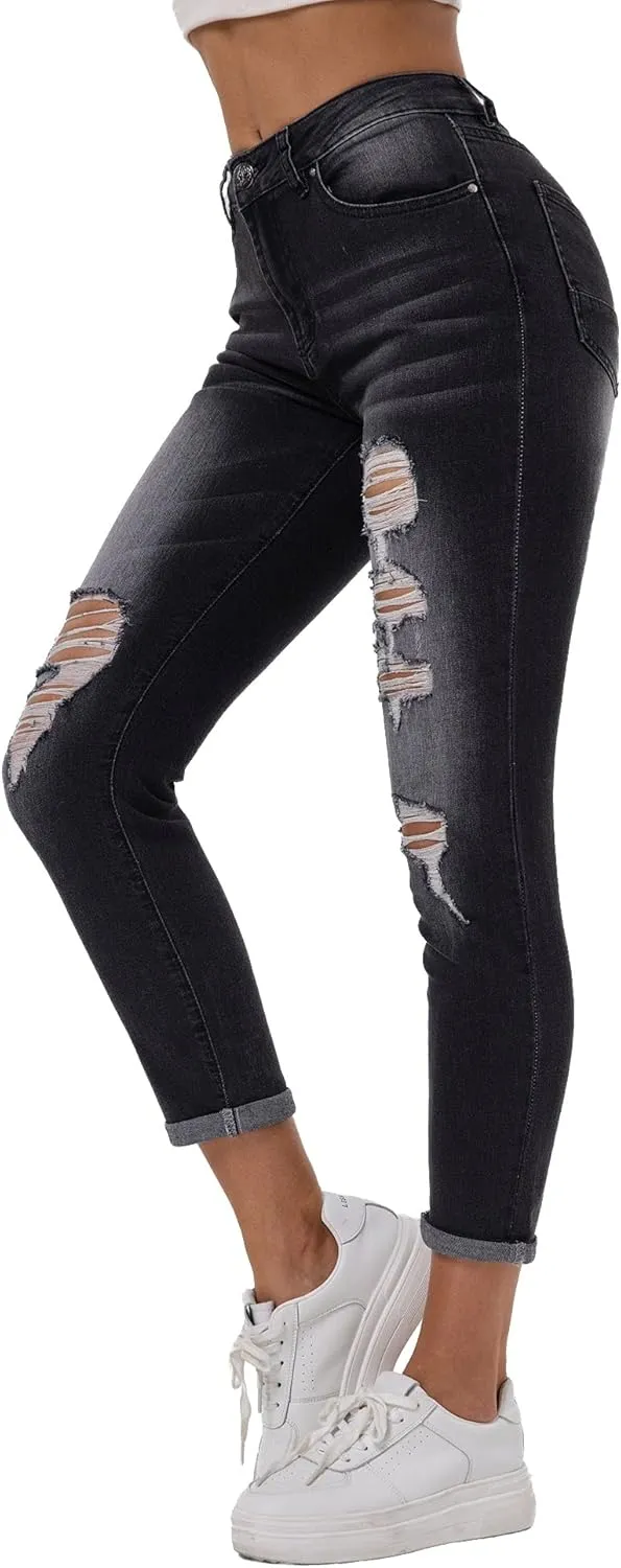 RHODANTHE Women's Ripped Boyfriend Jeans Stretch Skinny Jean Trendy Distressed Straight Leg Jeans with Holes