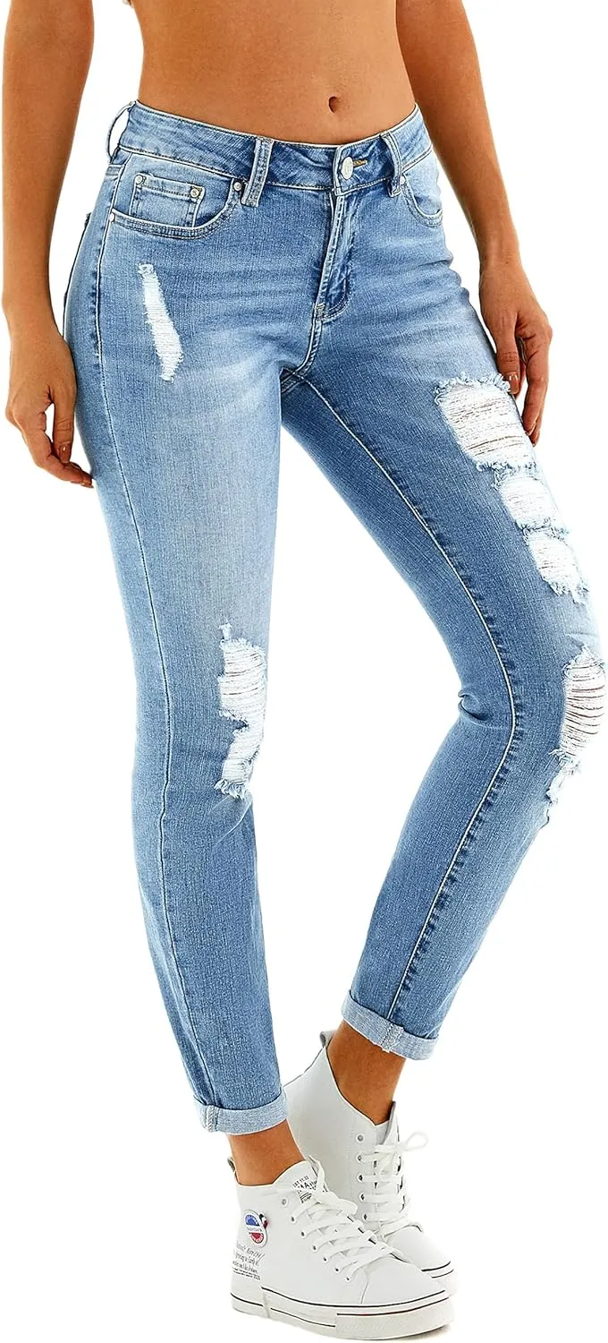RHODANTHE Women's Ripped Boyfriend Jeans Stretch Skinny Jean Trendy Distressed Straight Leg Jeans with Holes