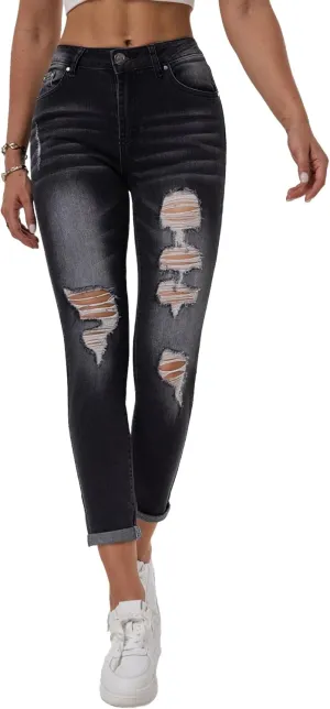 RHODANTHE Women's Ripped Boyfriend Jeans Stretch Skinny Jean Trendy Distressed Straight Leg Jeans with Holes