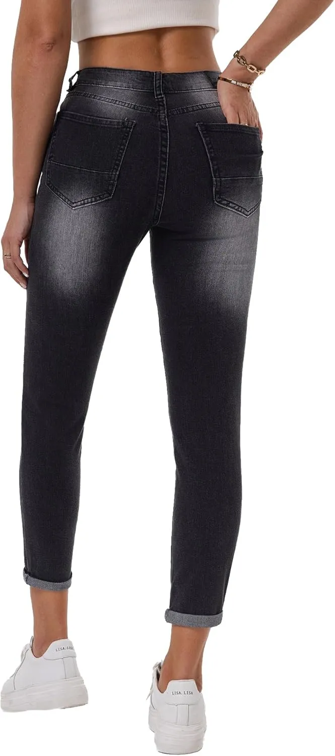 RHODANTHE Women's Ripped Boyfriend Jeans Stretch Skinny Jean Trendy Distressed Straight Leg Jeans with Holes