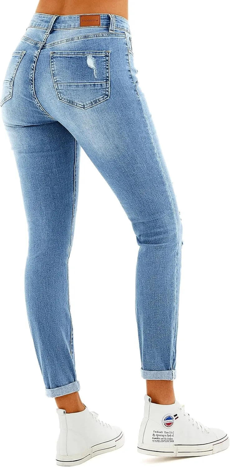 RHODANTHE Women's Ripped Boyfriend Jeans Stretch Skinny Jean Trendy Distressed Straight Leg Jeans with Holes