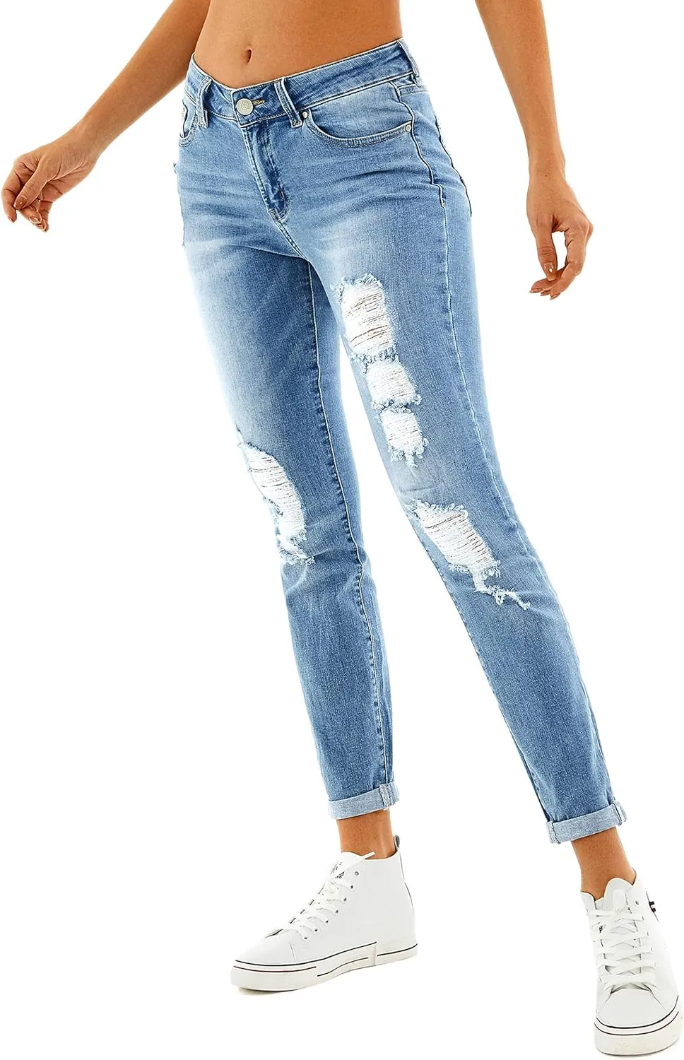 RHODANTHE Women's Ripped Boyfriend Jeans Stretch Skinny Jean Trendy Distressed Straight Leg Jeans with Holes