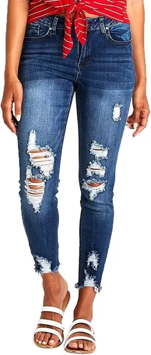 RHODANTHE Women's Ripped Boyfriend Jeans Stretch Skinny Jean Trendy Distressed Straight Leg Jeans with Holes