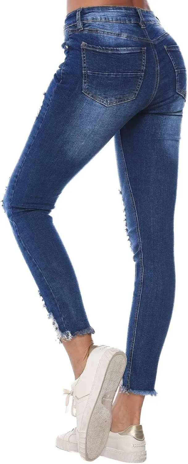 RHODANTHE Women's Ripped Boyfriend Jeans Stretch Skinny Jean Trendy Distressed Straight Leg Jeans with Holes