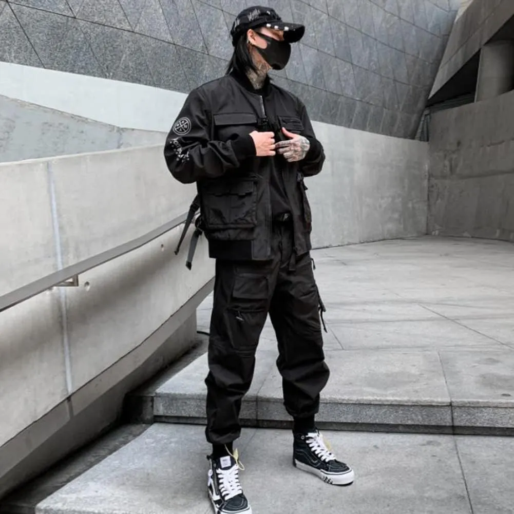 Ribbon Multi-Pocket Cargo Pants Men Hip Hop Streetwear Jogger Pants Black Techwear Male Pencil Trousers