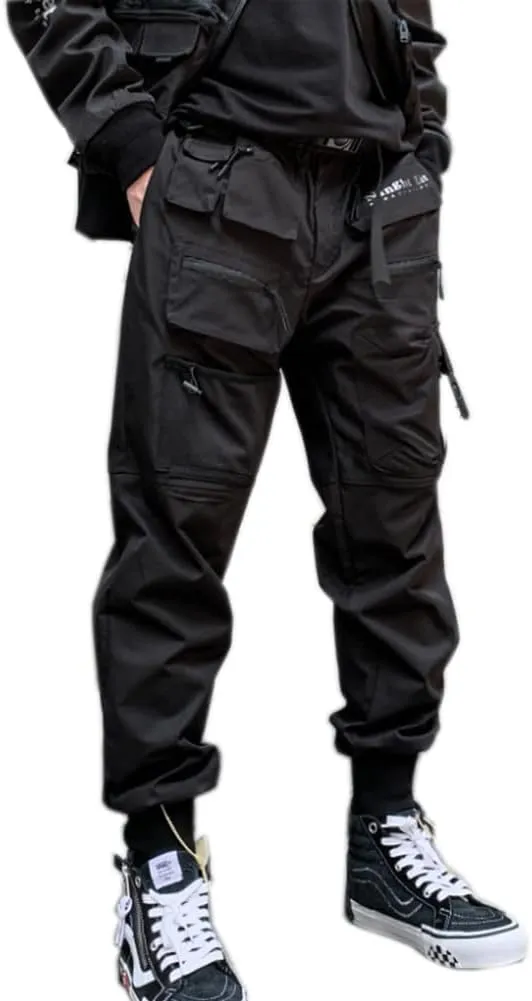 Ribbon Multi-Pocket Cargo Pants Men Hip Hop Streetwear Jogger Pants Black Techwear Male Pencil Trousers