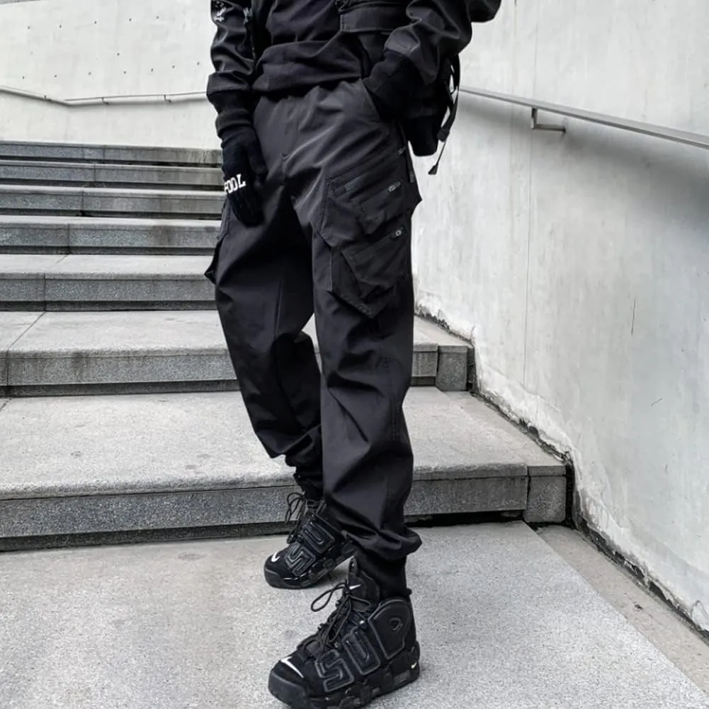 Ribbon Multi-Pocket Cargo Pants Men Hip Hop Streetwear Jogger Pants Black Techwear Male Pencil Trousers