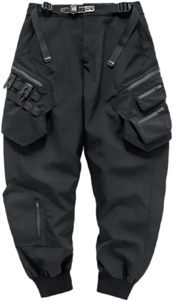 Ribbon Multi-Pocket Cargo Pants Men Hip Hop Streetwear Jogger Pants Black Techwear Male Pencil Trousers