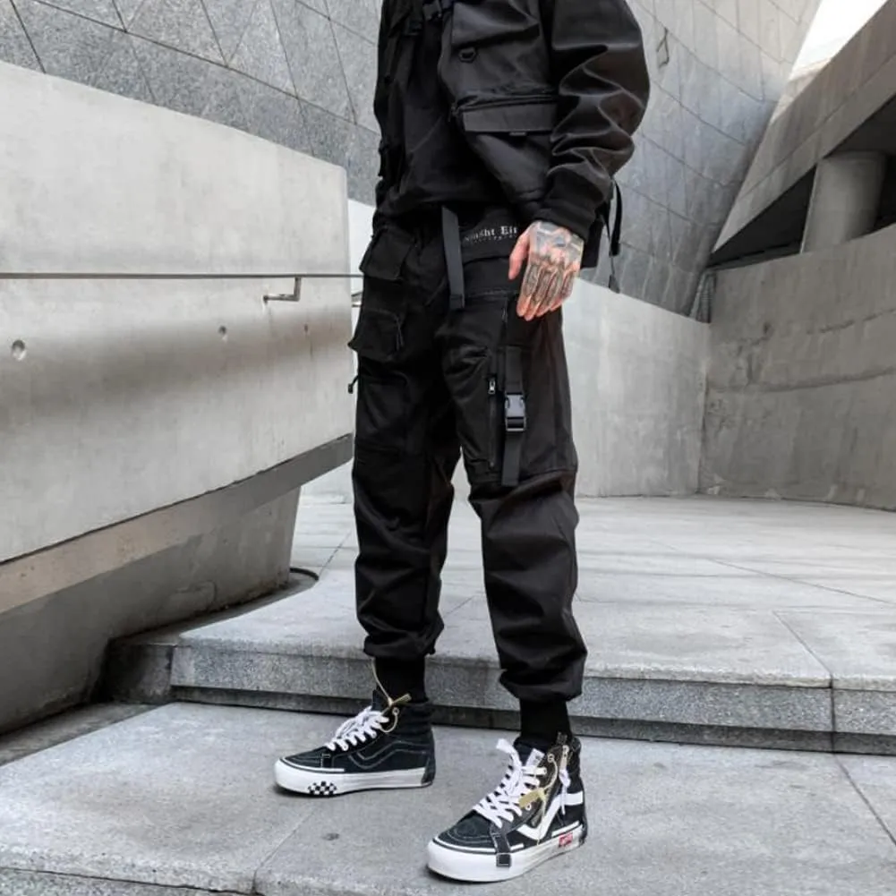 Ribbon Multi-Pocket Cargo Pants Men Hip Hop Streetwear Jogger Pants Black Techwear Male Pencil Trousers