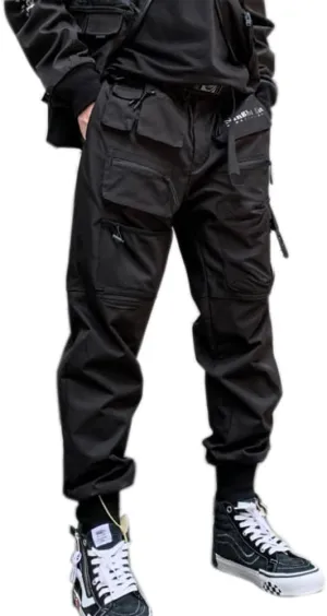 Ribbon Multi-Pocket Cargo Pants Men Hip Hop Streetwear Jogger Pants Black Techwear Male Pencil Trousers