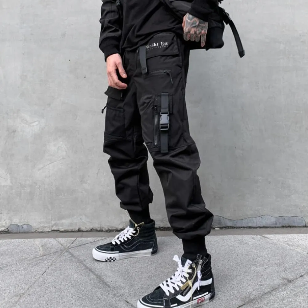 Ribbon Multi-Pocket Cargo Pants Men Hip Hop Streetwear Jogger Pants Black Techwear Male Pencil Trousers